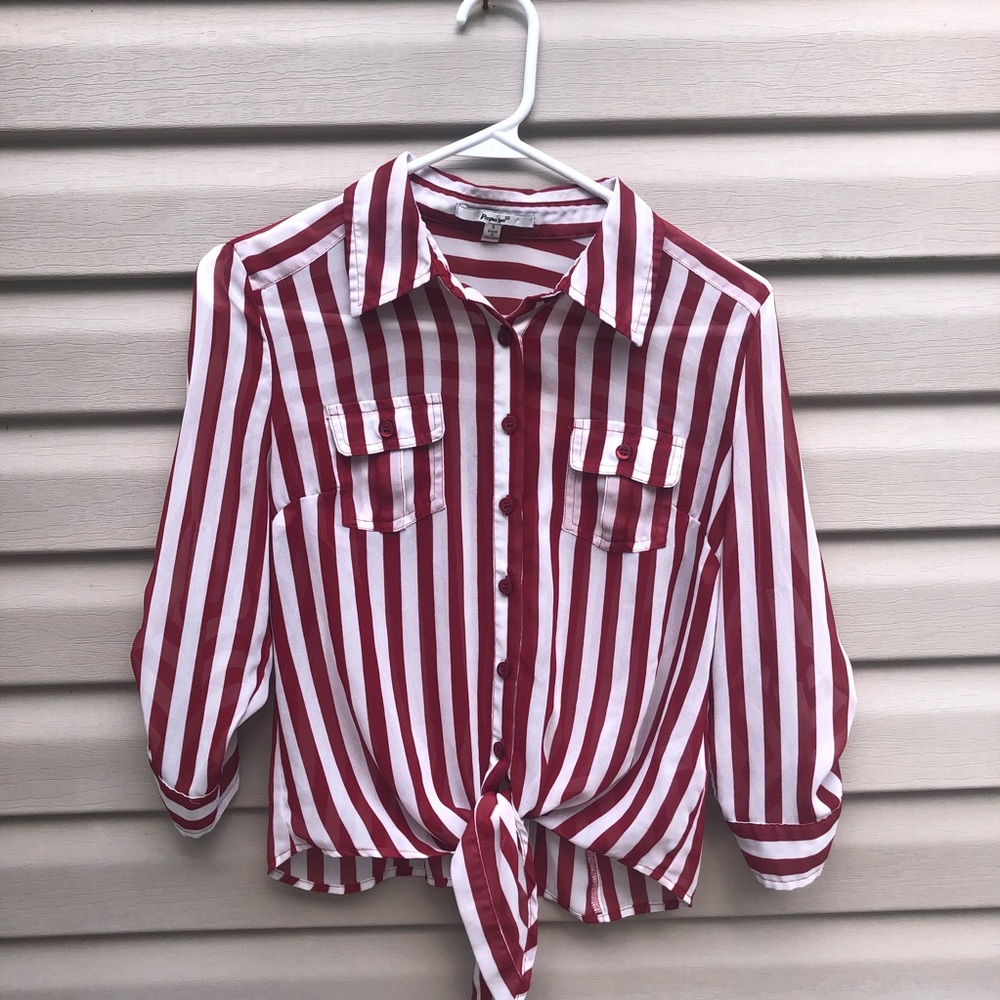 Papaya Red and White Striped Button Down
